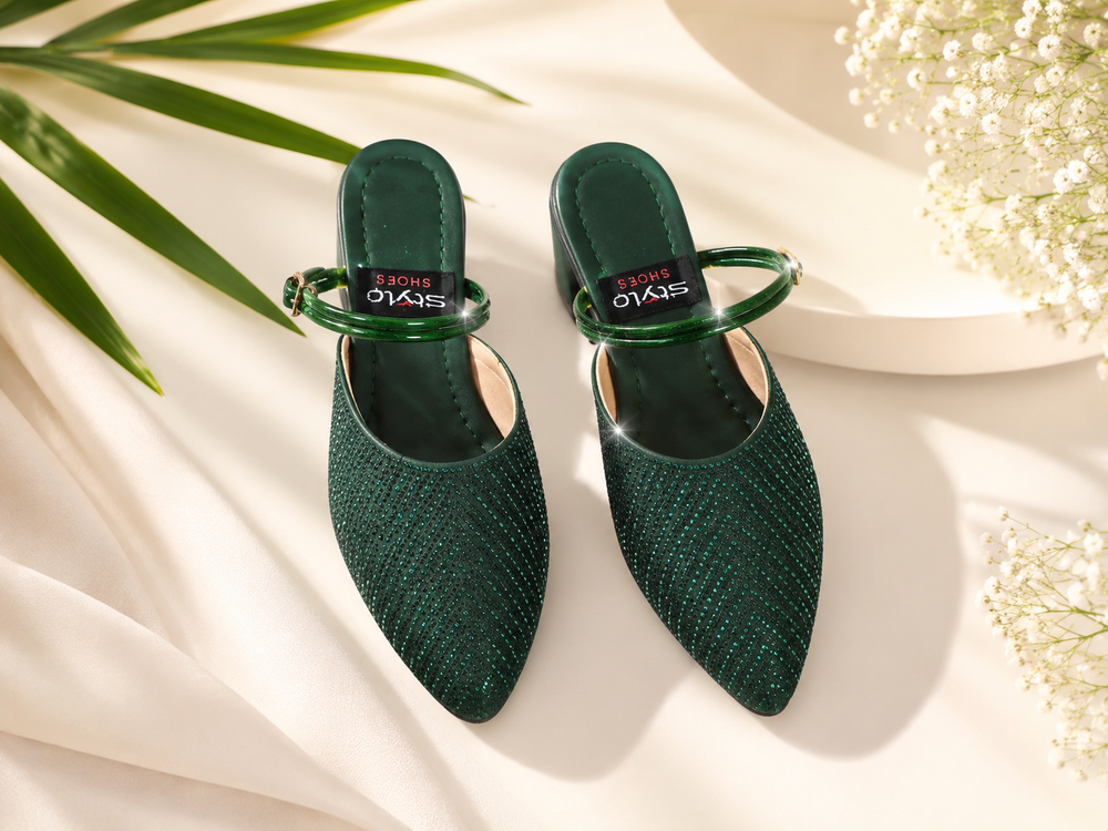 Emerald Green Rhinestone Pointed Toe Mule Heels for Women
