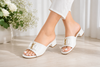 Women's White Bow Slide Sandals – Elegant Open Toe Flat Slippers with Gold Accent