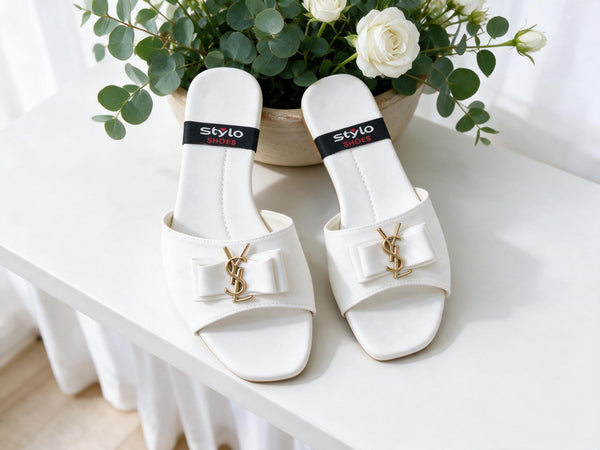 Women's White Bow Slide Sandals – Elegant Open Toe Flat Slippers with Gold Accent